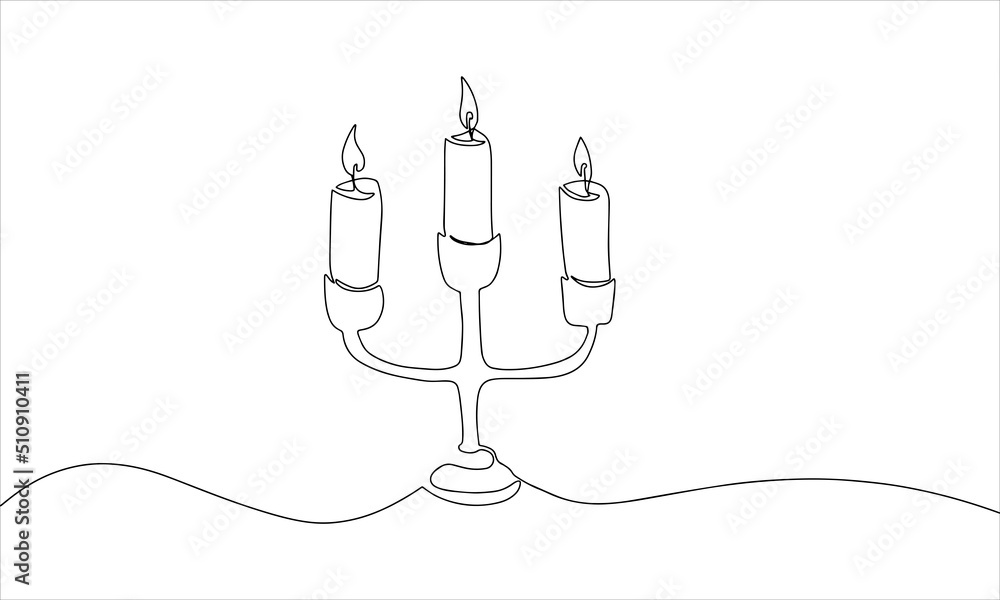 Poster three candles in a candlestick, one continuous line drawing. isolated on white background. vector mi