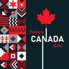 Canada day banner for independence day. Retro abstract design with modern cultural patterns. Dark Red White Maple leaf theme. Vector Illustration.