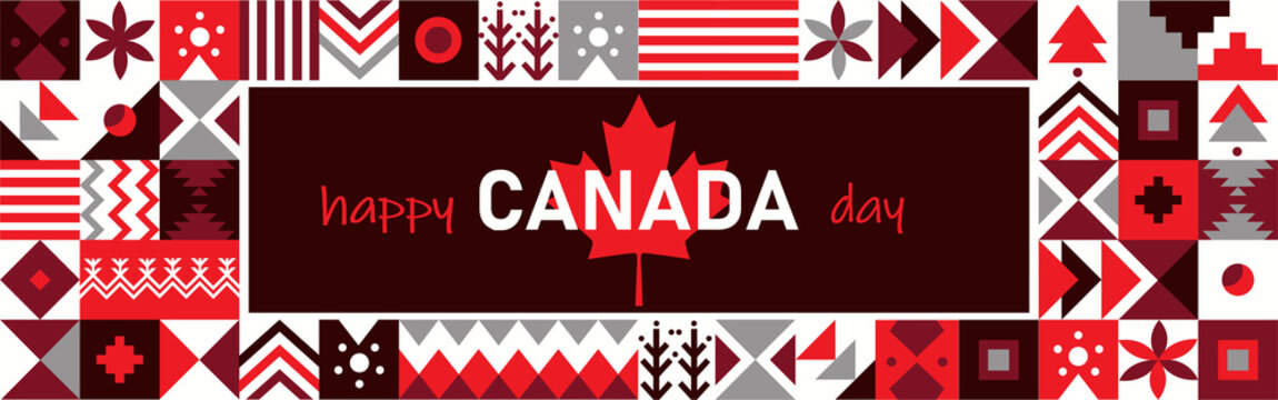 Happy Canada day banner for independence day. Retro abstract design with modern cultural patterns. Dark Red White Maple leaf theme. Vector Illustration.