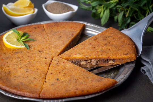 Traditional food of Antakya - Turkey, oruk in the tray. (Turkish name; Tepside icli kofte, tepside oruk, tepsi orugu, sini kofte) Hatay Oruk food.