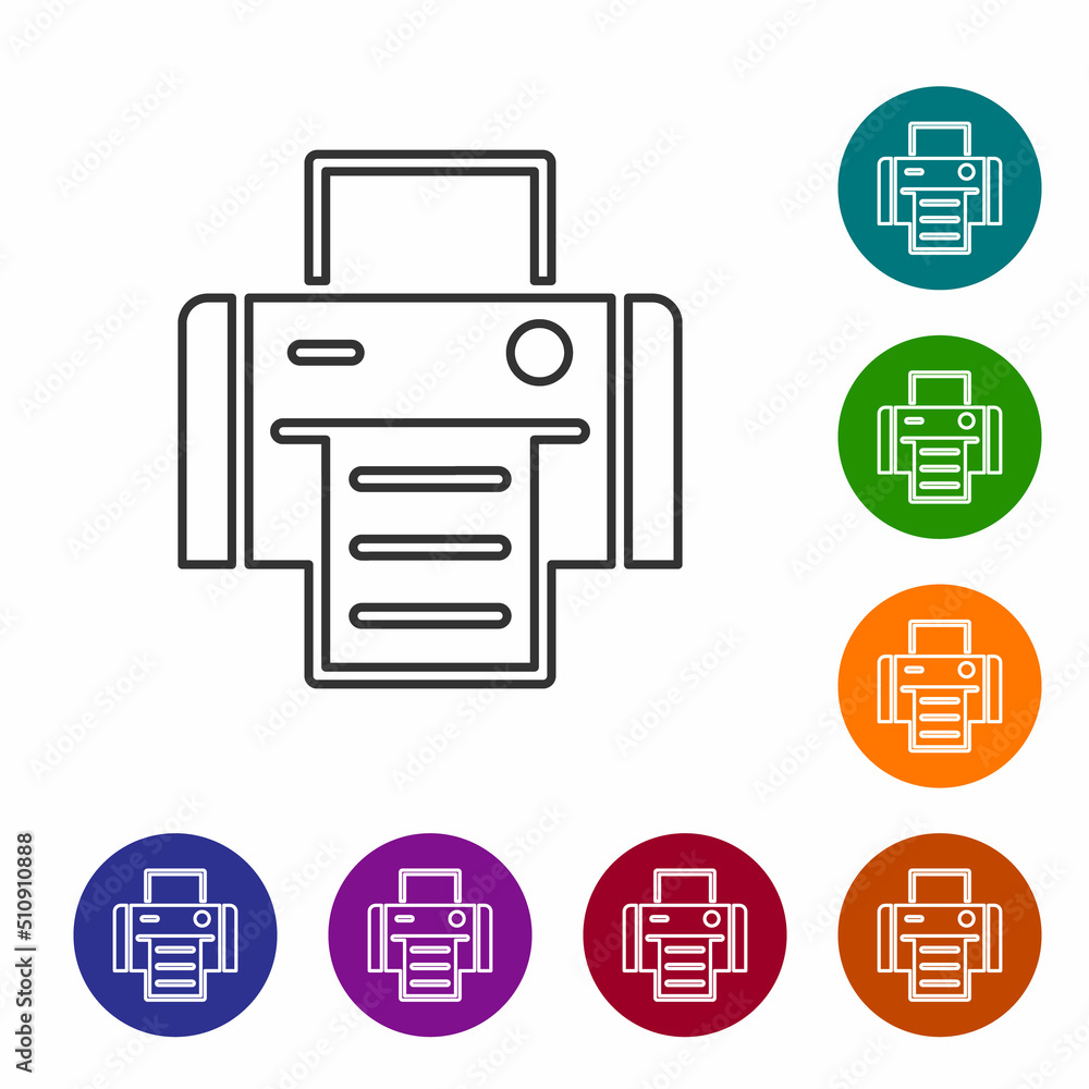 Poster black line printer icon isolated on white background. set icons in color circle buttons. vector