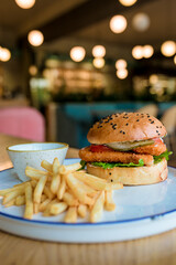 hamburger on a plate, delicious fast food