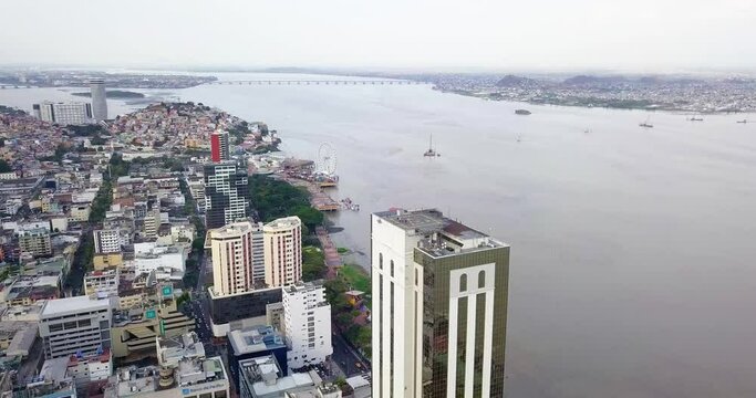 Aerial Footage of Guayas River and Downtown Guayaquil 4K