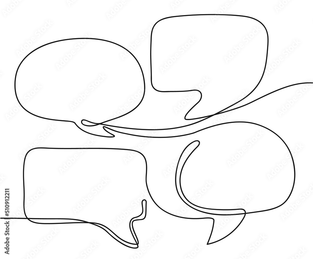 Poster one line dialog. talk messages, continuous line conversation and four speech bubbles hand drawn vect