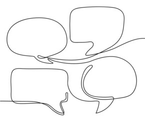 One line dialog. Talk messages, continuous line conversation and four speech bubbles hand drawn vector illustration