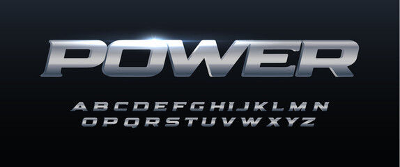 Power font iron alphabet. Metal logo typography. Steel typographic design. Wide bold italic letters for speed logo, race headline, automotive monogram, lettering, and branding type. Vector typeset