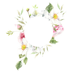 Watercolor spring floral frame illustration, Easter flower geometric  frame , tulip,anemone,rose wreath, frame, for wedding stationery, nursery decor, greenery botanical save the date, baby shower diy