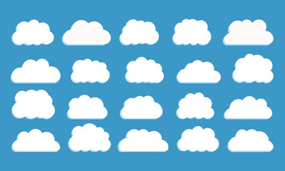 Vector flat illustration. Clouds. Abstract white cloudy set isolated on blue background. Illustration for prints, wall art, cover and invitation. Background for prints, covers and invitations.
