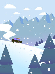 Vector illustration. Flat landscape design. Family vacation in the mountains. Car trip. Blue clear sky in the clouds. Snowfall. Winter landscape concept.