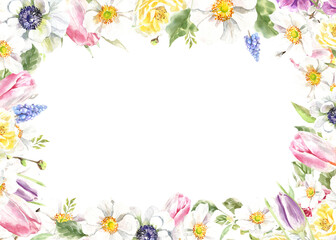 Obraz na płótnie Canvas Watercolor spring floral frame illustration, Easter flower geometric frame , tulip,anemone,rose wreath, frame, for wedding stationery, nursery decor, greenery botanical save the date, baby shower diy