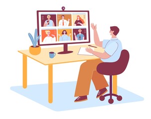 Distant working. Team meeting with remote worker, corporate video call and guy talking with colleagues vector illustration