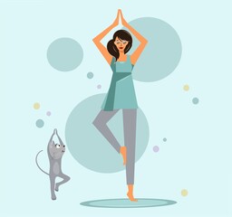 A cute girl is doing yoga next to her gray cat. A young woman in a tree pose goes in for sports. Next to her is a funny curious kitten. Vector, flat style with place for text.