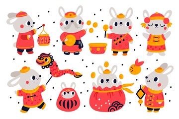 Naklejka premium Cute New Year rabbits. Funny bunnies in traditional Chinese costumes. Holiday symbols. Asian culture. Zodiac characters. Prosperity talismans. Cartoon hares. Garish vector animals set