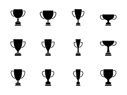 Award cup set. Winning cups silhouette collection. Victory trophy symbols. Vector illustration isolated on white.	