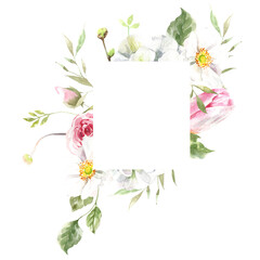 Watercolor spring floral frame illustration, Easter flower geometric  frame , tulip,anemone,rose wreath, frame, for wedding stationery, nursery decor, greenery botanical save the date, baby shower diy