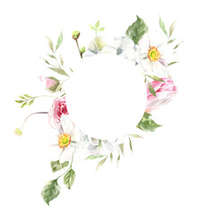 Watercolor spring floral frame illustration, Easter flower round frame , tulip,anemone,rose wreath, frame, for wedding stationery, nursery decor, greenery botanical save the date, baby shower diy