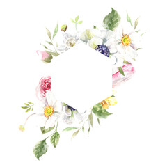 Watercolor spring floral frame illustration, Easter flower hexagon frame , tulip,anemone,rose wreath, frame, for wedding stationery, nursery decor, greenery botanical save the date, baby shower diy