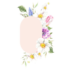 Watercolor spring floral frame illustration, Easter flower oval round frame , tulip,anemone,rose wreath, frame, for wedding stationery, nursery decor, greenery botanical save the date, baby shower diy