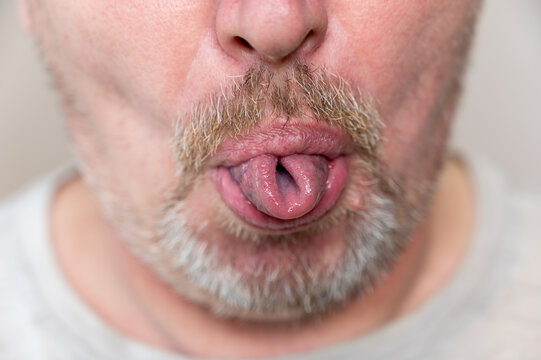 The Lower Part Of A Male Face. Mature Man With Stubble Has His Tongue Twisted Into A Tube, Grimacing. Gray Hair On His Beard And Mustache. Man Wriggling In Front Of Camera. Close-up. Selective Focus.