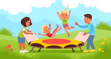 Outdoor trampoline jumping. Happy children and parents on nature. Joint family summer activity. Mom and dad play with kids. Playful son and daughter trampolining. Splendid vector concept