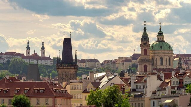 Bright Summer Time-Lapse of Prague City and Clouds, Cityscape of Old Beautiful European Architecture Including Towers, Steeples and Greenery