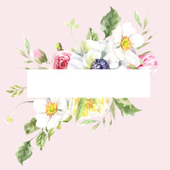 Watercolor pink spring floral frame illustration, Easter flower geometric frame, tulip,anemone,rose wreath, frame, for wedding stationery, nursery decor, greenery botanical save the date, baby shower
