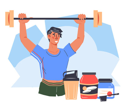 Sportsman doing workout with sport supplements cartoon flat vector illustration isolated on white background. Sports nutrition. Fitness protein shakers, gainers and energy drinks.
