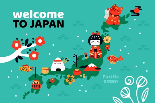 Welcome to Japan. Map with traditional elements. Cultural attraction. Invitational travel banner. Lucky items and food. National tourism attributes. Japanese souvenir. Vector poster