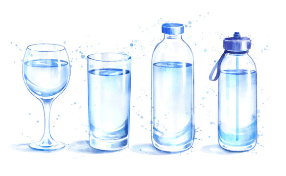 Watercolor set of water bottles and glasses