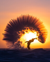Person throwing boiling water up into the air at -40 degrees at sunset on a frozen lake. 
