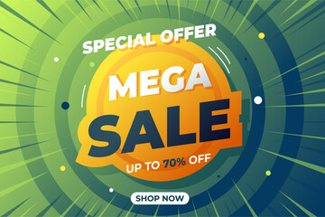 Fototapeta premium Mega Sale banner green orange color template design, Big sale special up to 70% off. Super Sale, end of season special offer banner.