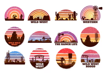 Rollo Retro wild west sunset. Western ranch silhouette, Texas nature morning landscape and desert with cactuses vector illustration set © WinWin
