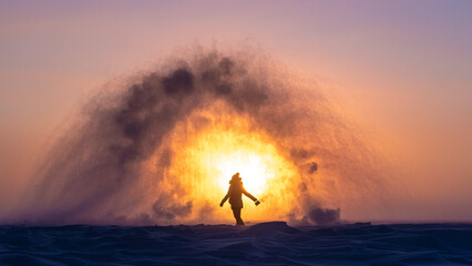 Mpemba effect in arctic Canada when boiling water turns to steam, snow, ice crystals at sunset on frozen lake. 