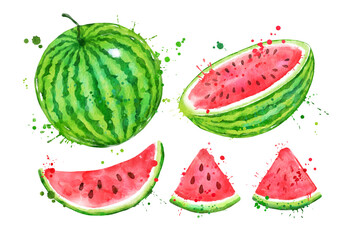 Watercolor set of whole and sliced watermelon - obrazy, fototapety, plakaty