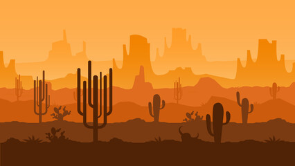 Texas desert sunset. Arizona landscape, valley of cacti with mountains silhouettes background panoramic vector illustration