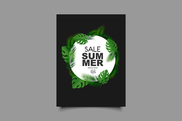 Summer sale banner template. Summer abstract geometric background with palm leaves.