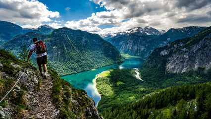 Man hiking trail with beautiful view on the Königsee