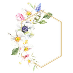 Watercolor spring floral frame illustration, Easter flower geometric gold frame,tulip,anemone,rose wreath, frame, for wedding stationery, nursery decor, greenery botanical save the date, baby shower