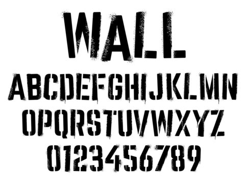 Stencil graffiti font. Aerosol spray text with grunge grain texture, paint splatter letters and numbers vector set