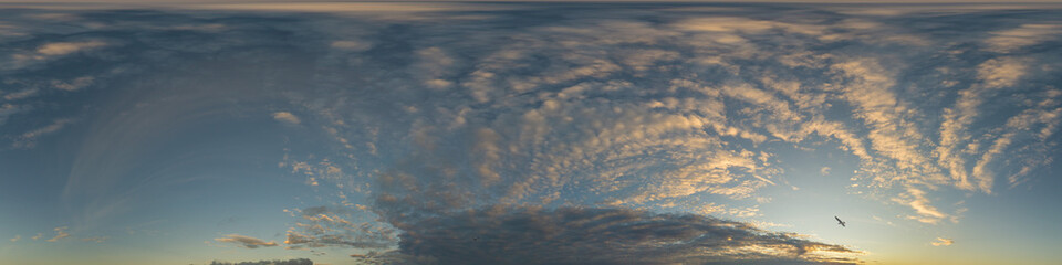 Dark blue twilight sky panorama with Cirrus clouds. Seamless hdr 360 panorama in spherical equiangular format. Full zenith or sky dome for 3D visualization, sky replacement for aerial drone panoramas