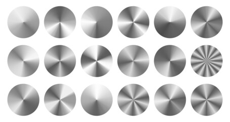 Conical metal gradients. Radial metallic knob, silver disc and brushed steel circles vector set - obrazy, fototapety, plakaty
