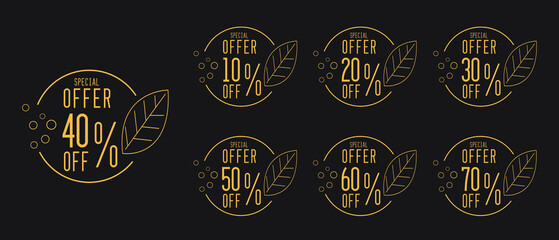 Special offer tags set minimalist vector illustration, Badges template, offer, Up to 10, 20, 40, 50, 60, 70 percent off, On dark black background.