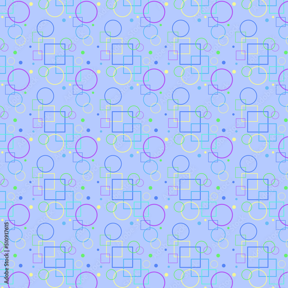 Fototapete Seamless background with colorful geometric shapes on blue background. Trendy colorful retro background with geometric figures. Stylish wallpaper or fabric print. Flat textured repeating background