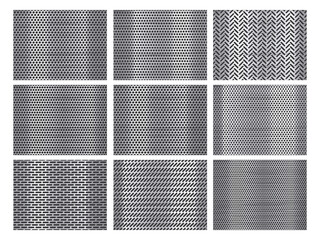 Perforated steel. Grill texture, stainless steel plate with perforation holes and metallic grid background vector set
