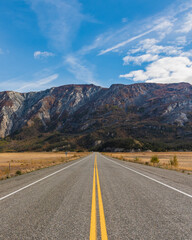 Landscape, road trip scenes in Yukon Territory, during fall, autumn. Canadian travel, tourism. 