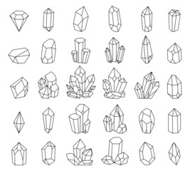 Mineral crystal. Jewel sapphire gems, crystallised minerals and quartz crystals line icons vector set