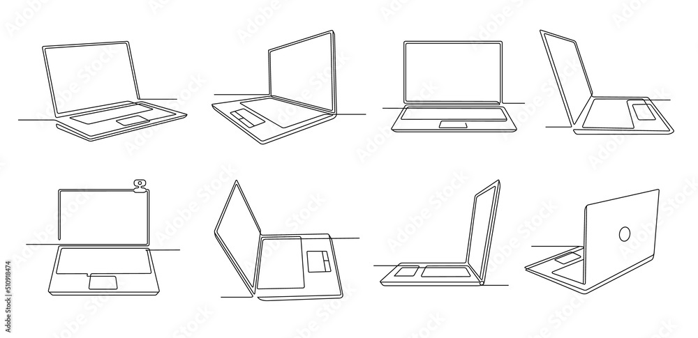 Fototapete One line laptop. Notebook computer gadget with empty screen, keyboard and touchpad. Continues line open laptops vector Illustration set