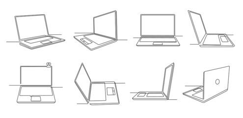 One line laptop. Notebook computer gadget with empty screen, keyboard and touchpad. Continues line open laptops vector Illustration set