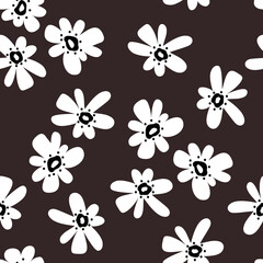 Seamless background with primitive floral pattern. Simple minimalistic background, cute big white flowers on black background in boho style. wallpaper, print for banner, postcard, packaging, textile.
