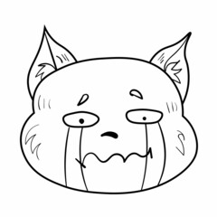 Doodle cat emotion head. Cry sad face. Cute fun kid vector illustration. Black line art animal on white background.
